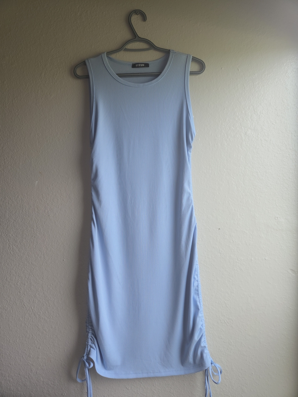 BTFBM Light Blue Ribbed Ruched Midi Dress Size L (Pit to Pit 14", Length 39")